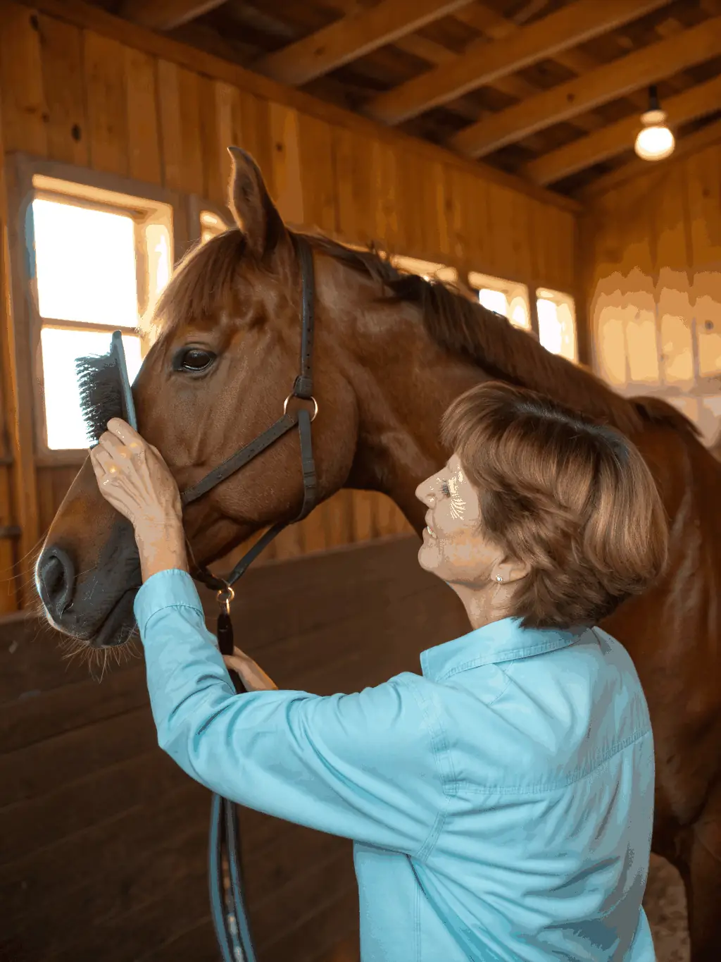 Volunteers grooming and caring for horses at the CAVAL'NATURE facility, emphasizing the importance of animal care and community involvement.
