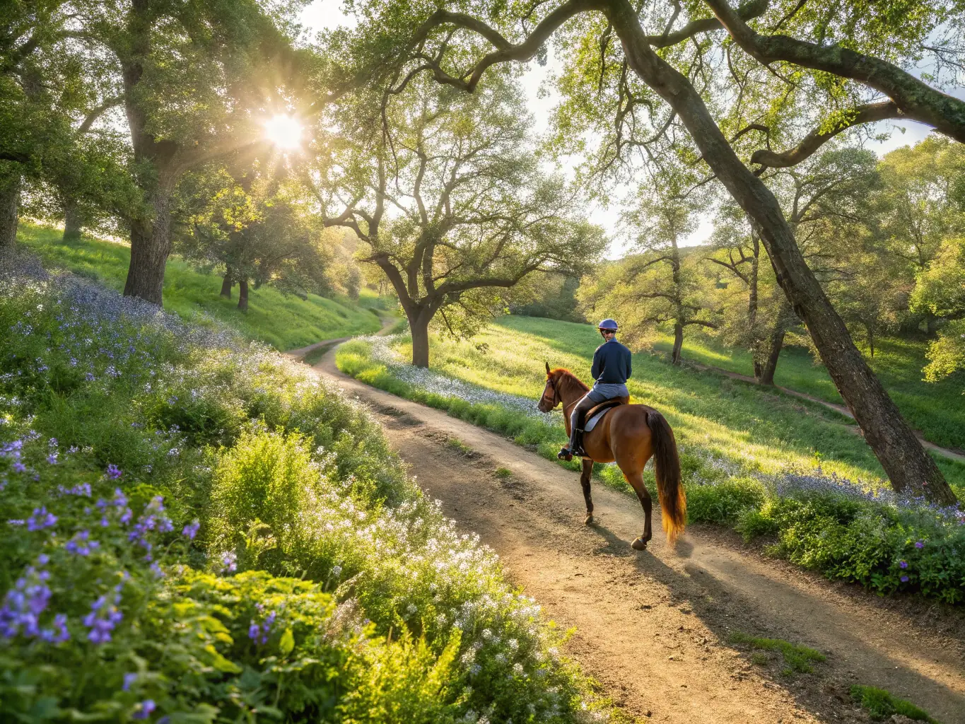A rider confidently guiding a horse through a scenic trail, symbolizing personal growth and empowerment.
