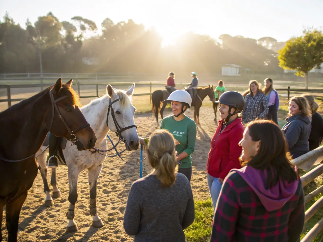 A group of diverse individuals smiling and interacting with horses in a sunny, outdoor setting, representing community involvement and shared joy.