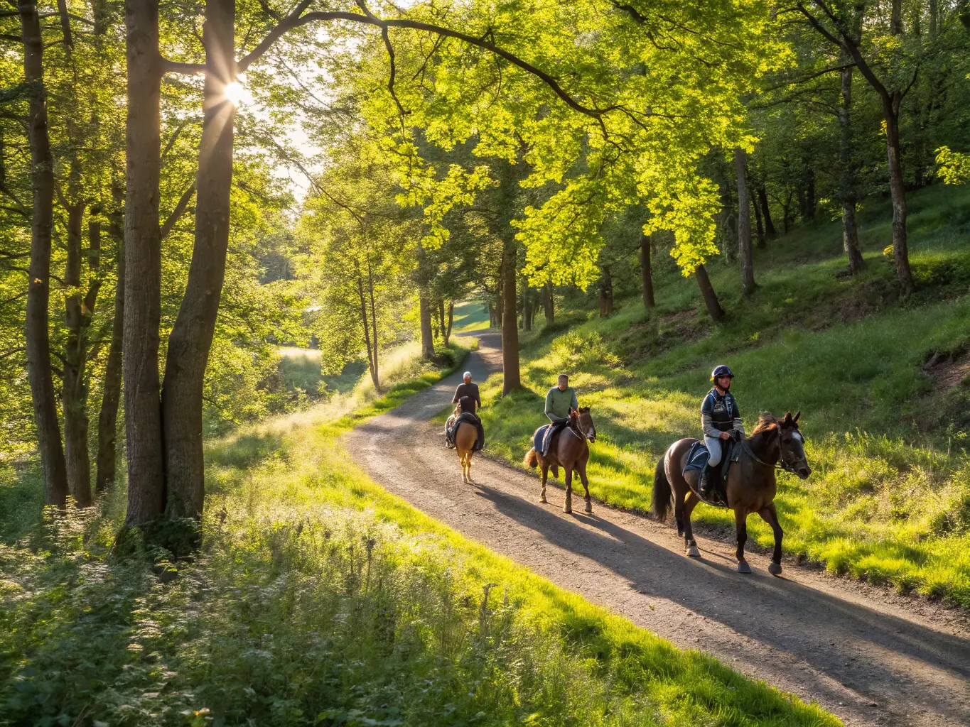 A scenic image of a group of riders enjoying a leisurely trail ride through the countryside, highlighting CAVAL'NATURE's commitment to providing accessible and enjoyable equestrian experiences.
