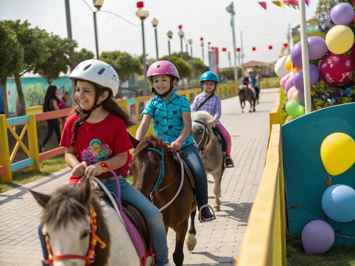 A vibrant scene from a CAVAL'NATURE community event, showcasing participants of all ages enjoying equestrian activities, games, and socializing in a festive atmosphere.