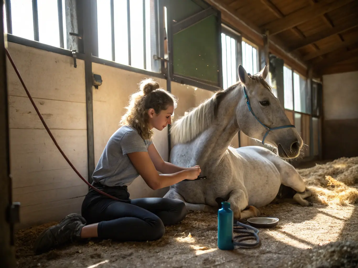 A close-up shot of a horse receiving gentle care and attention from volunteers, highlighting the animal care and recovery services provided by CAVAL'NATURE.