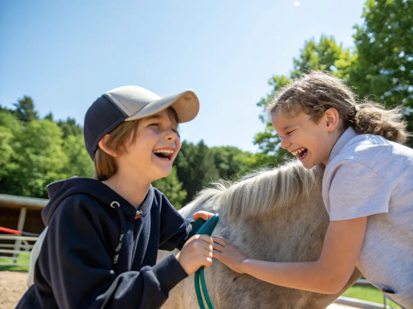 A group of children smiling and interacting with a horse during an equine-assisted therapy session at CAVAL'NATURE, showcasing the therapeutic benefits of the program.